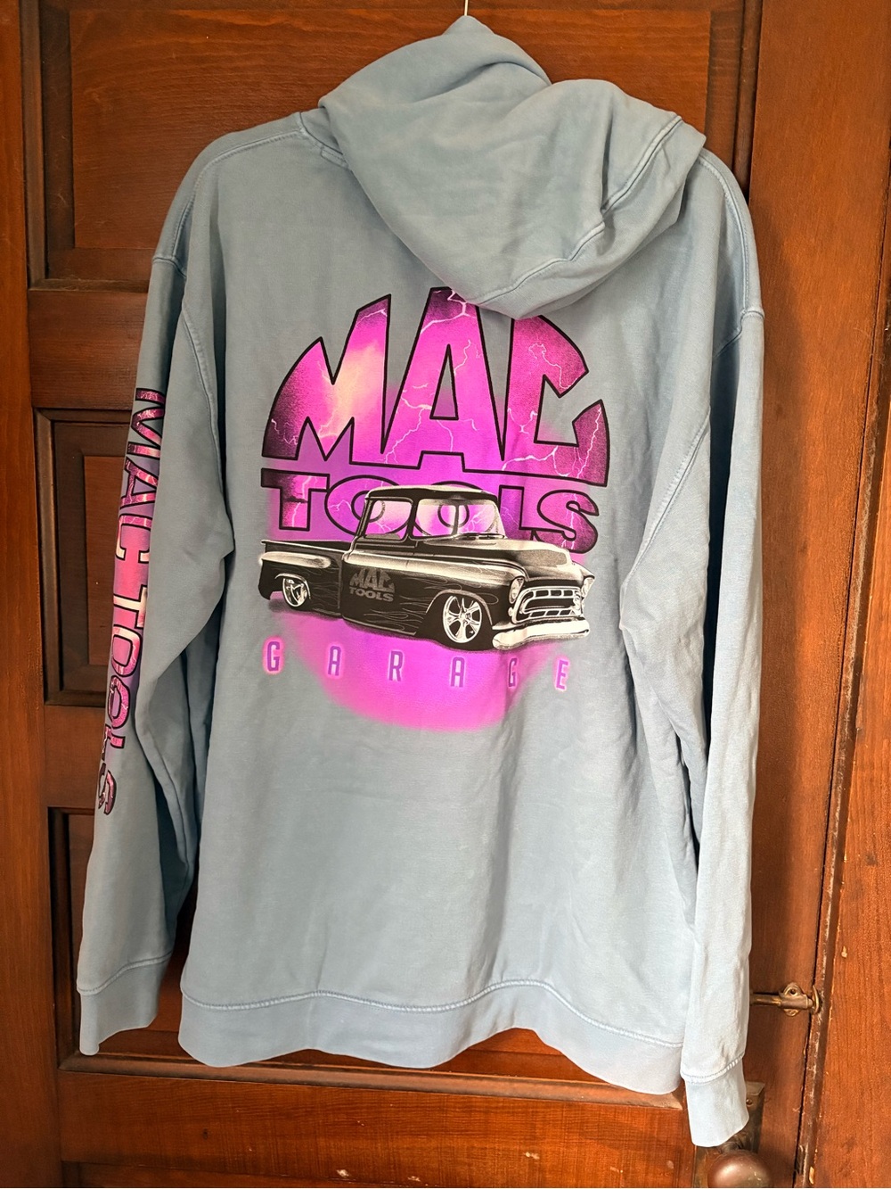 Mac Tools Garage Hoodie - Light Blue with Pink Graphic